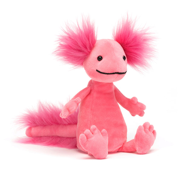 Image of a bright pink small Jellycat axolotl soft toy.