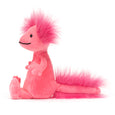 Side image of a bright pink small Jellycat axolotl soft toy.