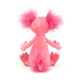 Image of the back of a bright pink small Jellycat axolotl soft toy which shows the tail.
