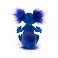 Image of the back of a bright blue small Jellycat axolotl soft toy which shows the tail..
