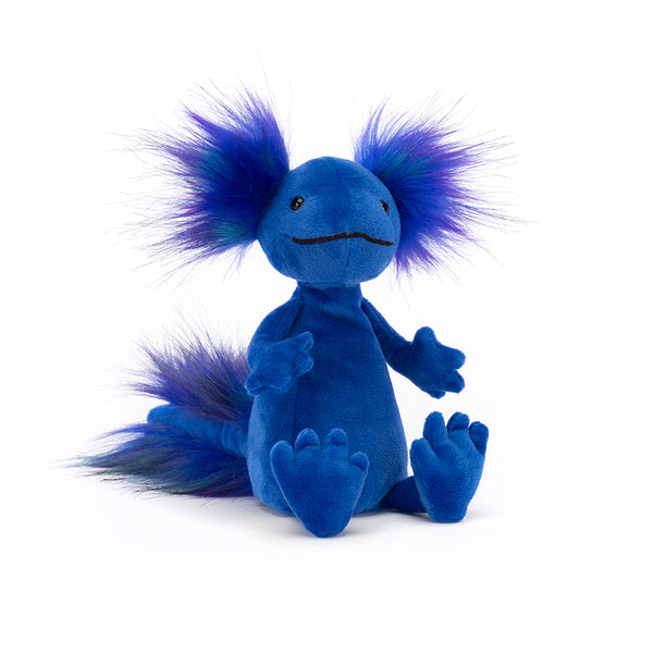 Image of a bright blue small Jellycat axolotl soft toy.