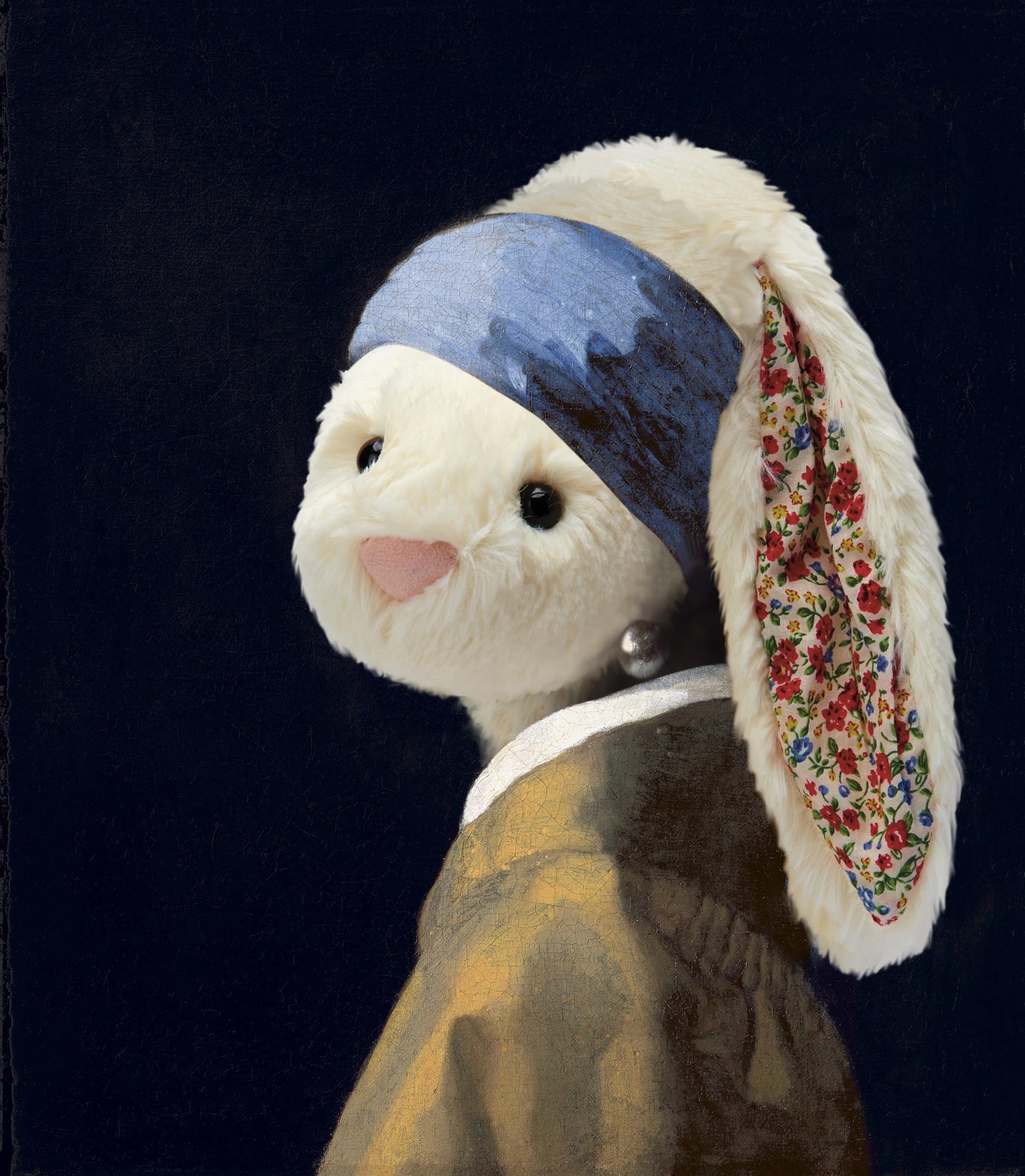 A picture of a Jellycat Blossom Bunny based on Girl with a Pearl Earring by Johannes Vermeer.  Jellycat is a range of soft toys for all ages. Perfect as a new baby Gift or for children and even the young at heart. An ever changing range of luxury toys.d
