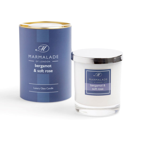 Bergamot & Soft Rose Luxury glass candle with silver lid and gift box.
