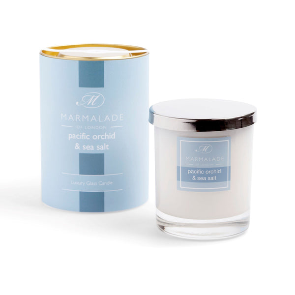 Pacific orchid & Sea Salt Luxury glass candle with silver lid and pale blue presentation box.